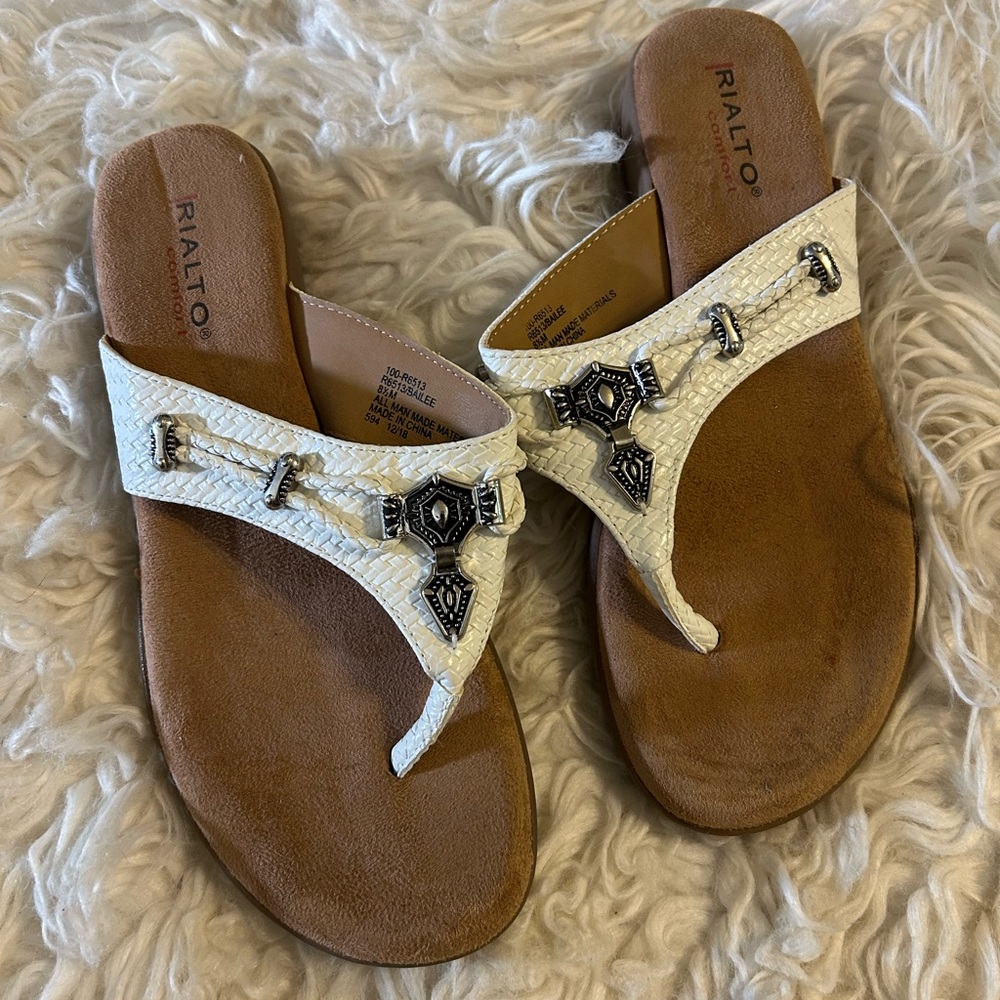 Rialto White Braided Toe-Post Sandals with Silver Accents